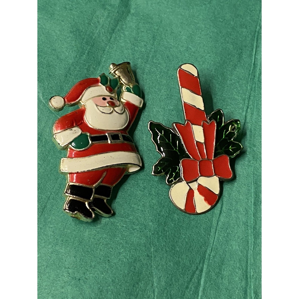 Antique Christmas Holiday Santa Claus & Candy Cane Enameled Silver Tone Brooches